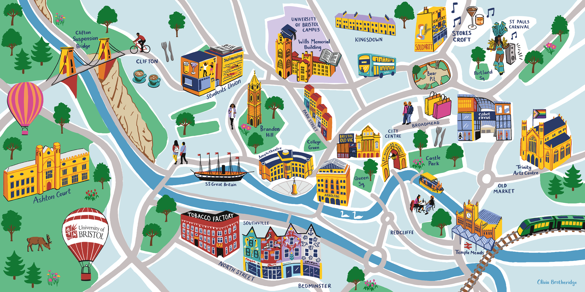 Illustrative map of bristol featuring key locations in the city