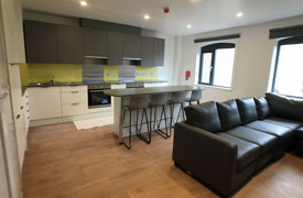 A room with a large black leather sofa and a table with four stools. At the back of the room is a kitchenette with two ovens and hobs, a sink and lots of cupboards and drawers.
