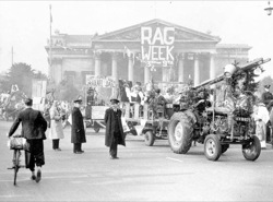 Students with a RAG float outside the Victoria Rooms