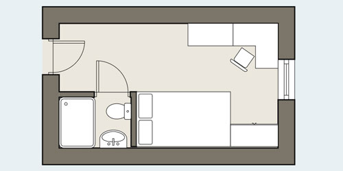 Floor plan of a room with a door in one corner, a desk and chair in the corner directly ahead of the door, a wardrobe in the corner opposite the door, an en suite bathroom in the corner nearest the door, and a bed against the wall between the wardrobe and the bathroom.