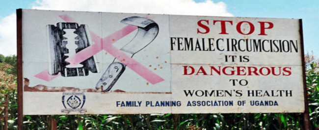 An image of an Anti FGM poster with the slogan "Stop Female Circumcision it is dangerous to women