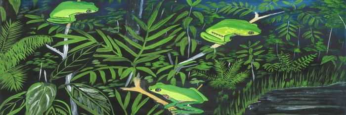 Three green frogs on twigs and branches of the Amazon Rainforest to illustrate Amaznimations research project