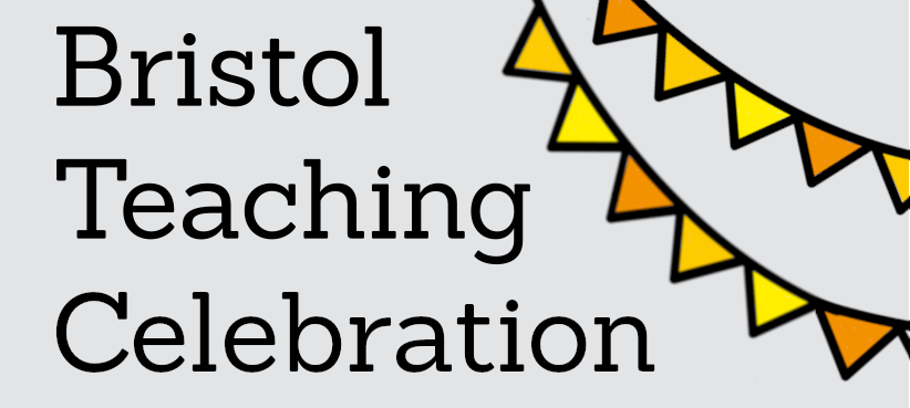 Bristol teaching celebration logo with orange and yellow graphic bunting.