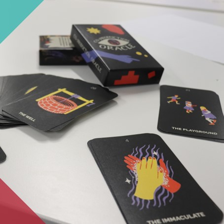 black cards with illustrations os a well, a box filled with fire and children playing