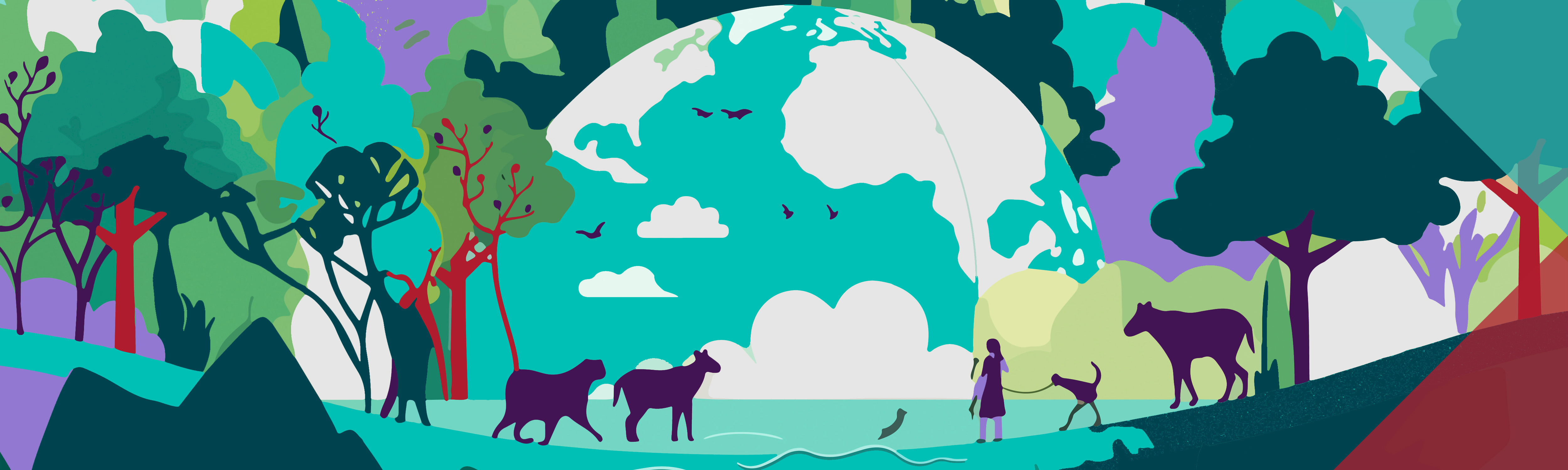 illustration of humans and animals standing in front of a world