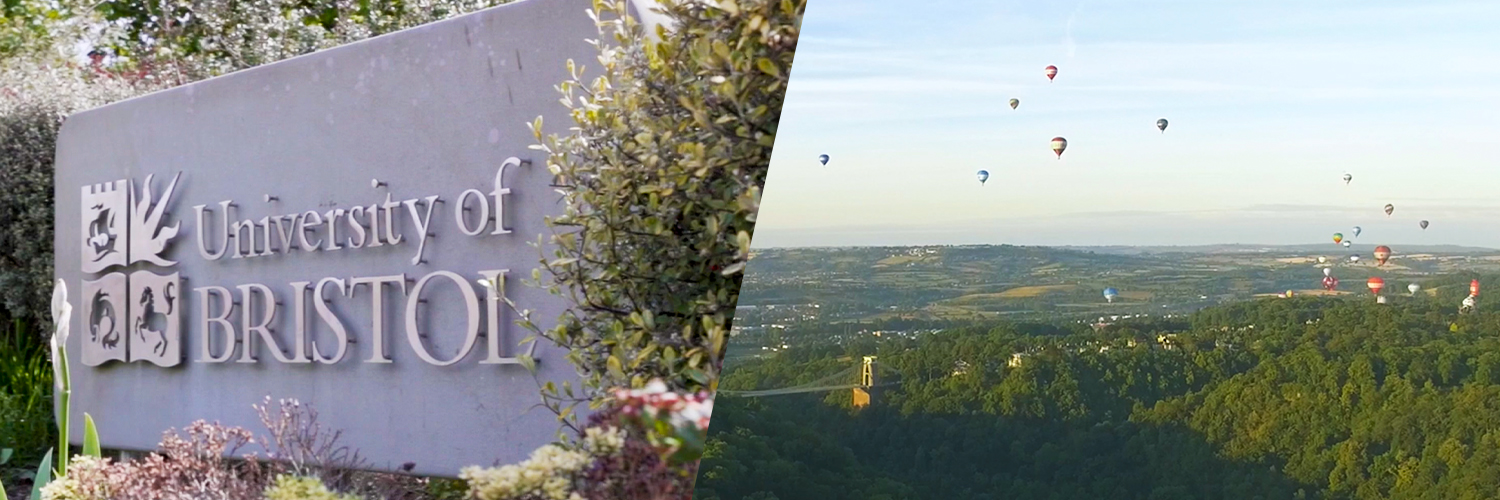 An image of the University of Bristol signage alongside the Bristol skyline with hot air balloons flying in the sky