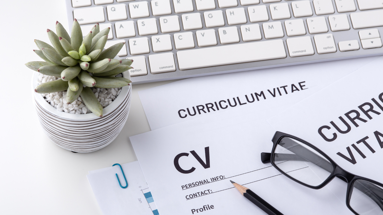 Picture of printed CV next to keyboard with pencil and glasses.