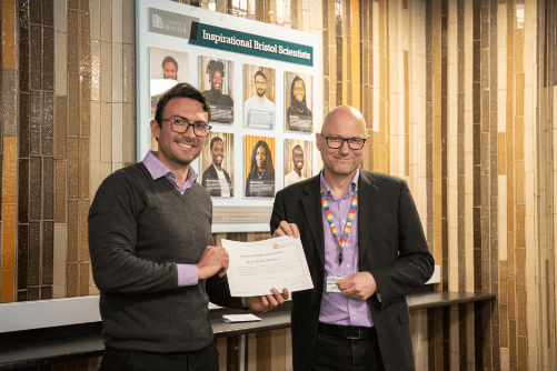 Photo of Rafael Moreno-Tortolero being presented with his certificate by Dean of Science, Jens Marklof.