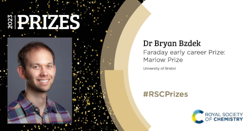 Graphic announcing Bryan Bzdek as an RSC Prize Winner. On the left half there is a heading which reads '2023 Prizes' under which a headshot of Bryan is located. These are both against a black background with gold stars. On the right half there is text reading: 'Dr Bryan Bzdek; Faraday early career Prize: Marlow Prize; University of Bristol; #RSCPrizes'. There is the RSC logo beneath this. 
