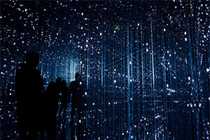 Silhouettes of people in amongst strings of lights at night
