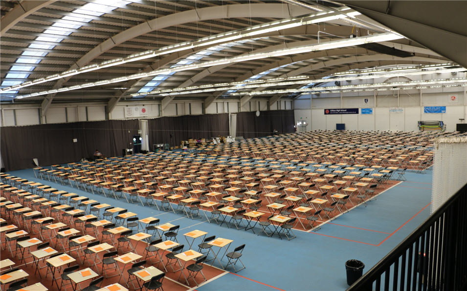 Coombe Dingle Indoor Sports Centre setup as an exam hall