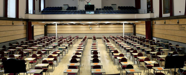 The Auditorium of the Victoria Rooms setup as an exam hall