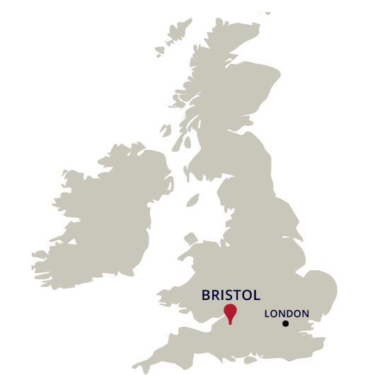 Map of the UK showing Bristol's location in the South West.