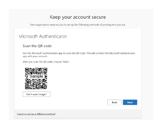 Image showing the Microsoft Security page for setting up MFA. The image reads "scan the QR code".