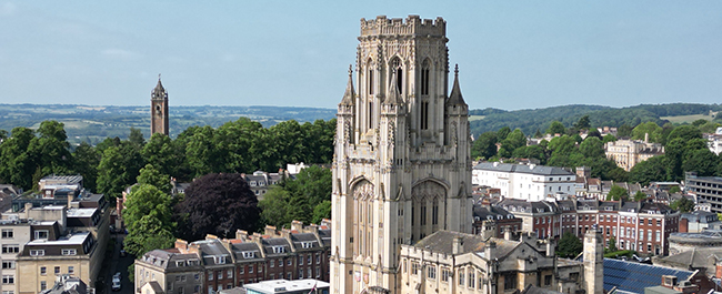 Wills Memorial Building Tower, taken from a drone, with Cabot Tower visible in the background.