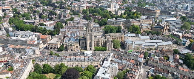 Image of Clifton campus from above, taken by a drone and featuring Wills Memorial Building in the centre.