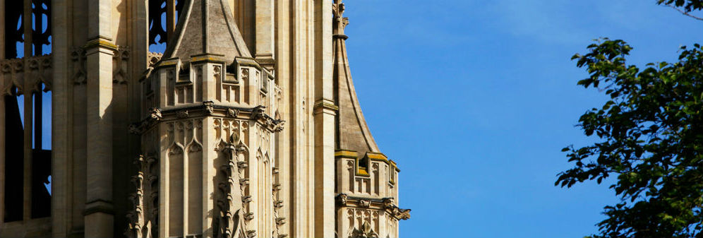 Close up showing a section of the historic exterior of Wills Memorial Building.