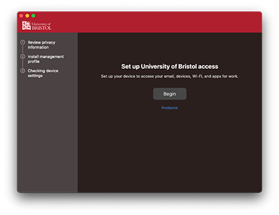 Screen showing set up process: "Set up University of Bristol access"