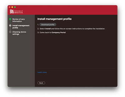 Screen showing "Install management profile"
