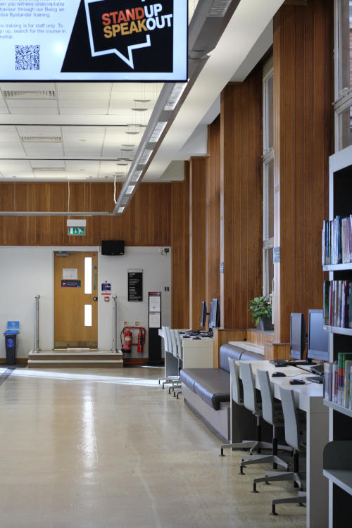 portrait view down central corridor of the Medical Library.