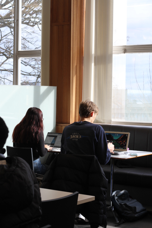 Two students working on their laptops at a desk which faces a window. 