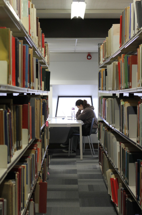 Looking between two parallel book shelves, at the end is a student working on their laptop at a white desk, the desk is in front of a window.  