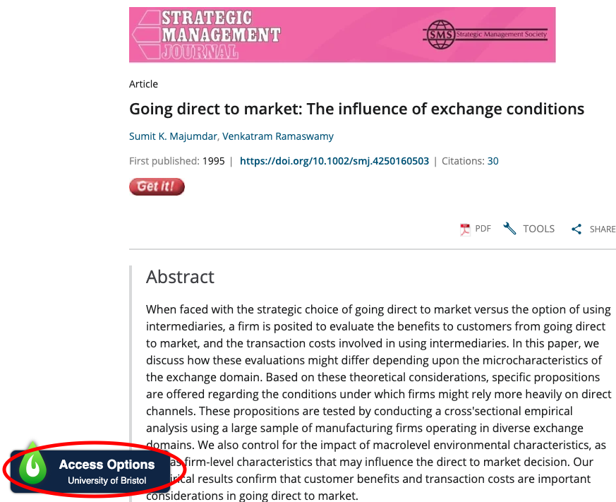 Shows a journal article page with a banner circled in the bottom left which shows a  green flame symbol and says "Access Options University of Bristol"