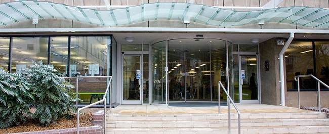Front steps and entrance to the Arts and Social Sciences Library