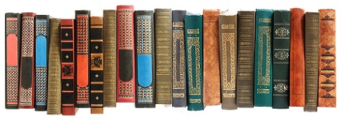 Row of old looking books floating on a white background.