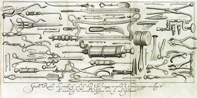 Seventeenth century drawing of a collection of medical instruments.
