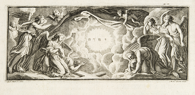 Early eighteenth century engraving showing angels.