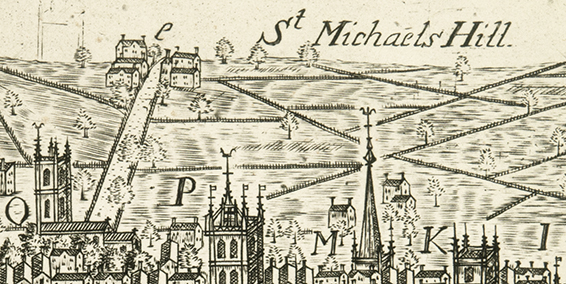 Detail of old drawing showing St Michaels Hill above the towers and spires of Bristol.