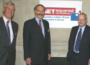 Left to right: Dr Neil Bradshaw, Chair of the SETsquared Partnership Management Team and Director of Enterprise at the University of Bristol; Francis Carpenter, Chief Executive of the European Investment Fund; Lord Sainsbury of Turville, Parliamentary Under-Secretary of State for Science and Innovation