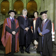Image of from left to right: Dr Mark Allinson (Orator), Horst Josch (Honorary Graduand), Arlette Izac (Honorary Graduand), Professor William Howarth (Orator)