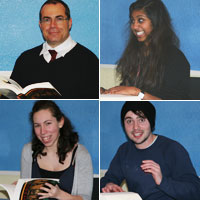 Clockwise from top left: George Ferzoco with students Sasha Sabapathy, Rebekah Harvey and Will Harvey in full flow at the marathon reading of Dante's 'Inferno'