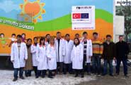 The first visitors to the Turkish mobile teaching unit on its opening day