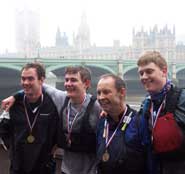 Left to right: Dan Bracey, John Harris, Kieron Blackburn and Rory Riddell after completing the 125-mile Devizes to Westminster International Canoe Race