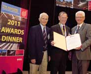 Professor Martin Lowson (centre) receiving the AIAA Aeroacoustics Award from Walt Eversman of the Missouri University of Science and Technology (left) and Brian Tester, Rolls-Royce and University of Southampton
