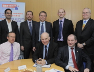Back row, l-r: Salman Malik, Andy Heaton, David Sykes, Neil Hickey and Greville Commins. Front row, l-r: Nick Sturge, Vince Cable and Stephen Williams