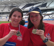 Suzi Gage, right, with her sister in the Olympic stadium