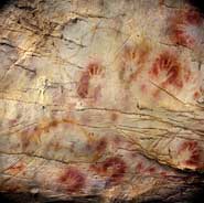 The 'Panel of Hands', El Castillo Cave showing red disks and hand stencils made by blowing or spitting paint onto the wall. A date from a disk shows the painting to be older than 40,800 years making it the oldest known cave art in Europe.