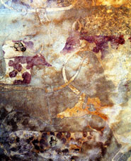 A fresco of painted cattle at the wadi Imha, site 03/705, in the Tadrart Acacus Mountains, Libyan Sahara. Numerous rich and vivid rock art images depicting scenes of cattle are found widely across north Africa, dating from at least 7,000 years ago