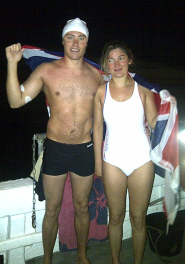 Alex Joss and Rachel Duncan celebrate after swimming the Channel