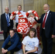 Back, l-r: Dave Skelhorne and Gary Nott, organisers of the Tower Tours, and Professor David Clarke, Deputy Vice-Chancellor of the University of Bristol. Front, l-r: Illustrator Leigh Flurry and Amy Ryder, Community and Events Fundraiser at the Grand Appeal