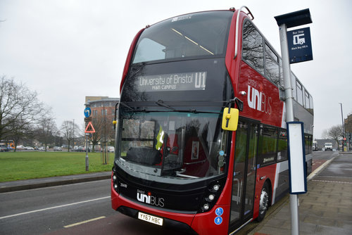 New University of Bristol and First West of England bus parked at Clifton Downs