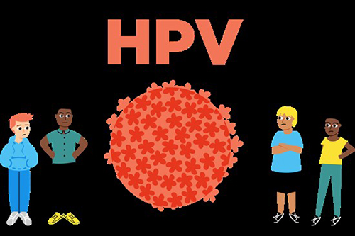 A drawing of teenagers stood by the HPV virus