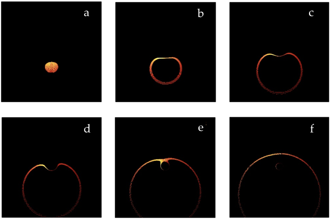 Snapshots of a computer simulation showing how the X-ray “echo” from an accretion disk evolves over time in response to an intense burst of X-rays somewhere above the disk.