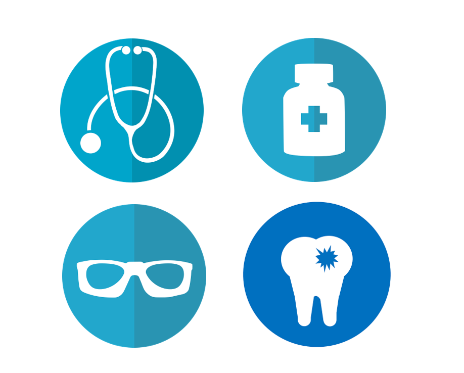 Group of icons illustrating four domains of primary healthcare - general practice (stethoscope), pharmacy (pill bottle), optometry (glasses), dentistry (tooth).