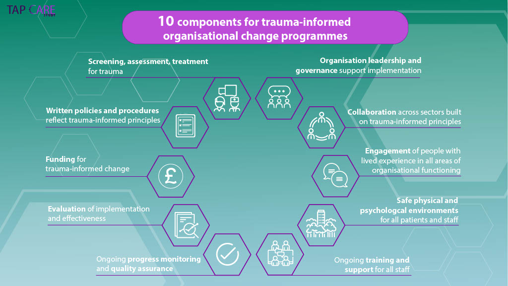 Infographic illustrating the 10 components for trauma-informed organisational change programmes from the TAP CARE Study.