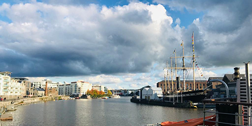 A view across the water towards Bristol also capturing image of the famous SS Great Britain boat.